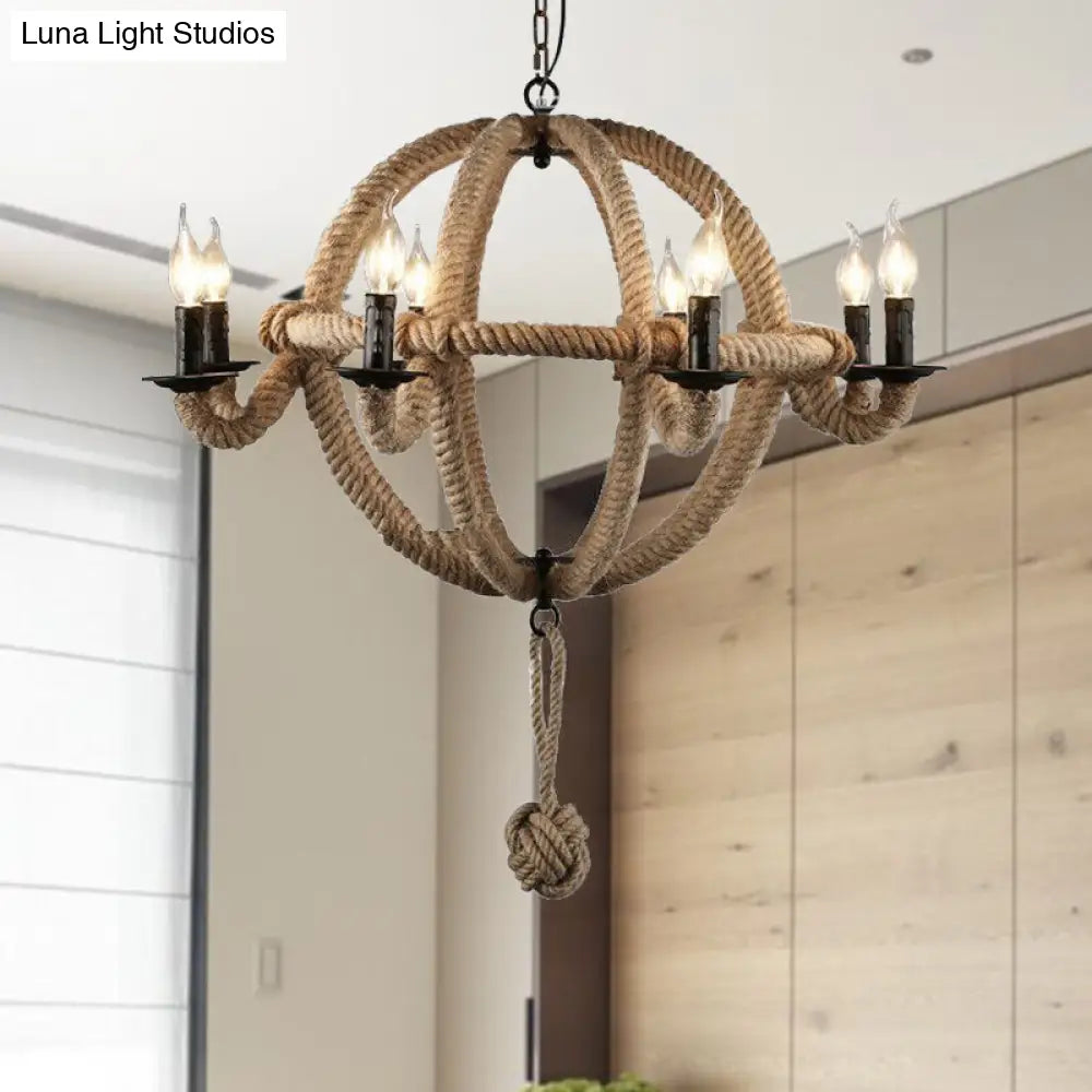 Spherical Chandelier Light Fixture with Rustic Black Finish - Antique Metal Multi-Light Farmhouse Hanging Lamp + Rope/Chain
