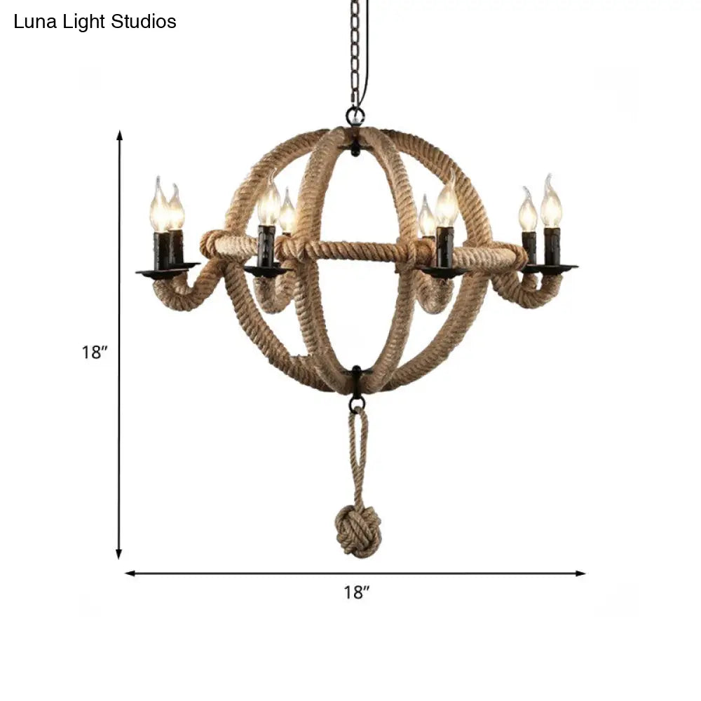 Spherical Chandelier Light Fixture with Rustic Black Finish - Antique Metal Multi-Light Farmhouse Hanging Lamp + Rope/Chain