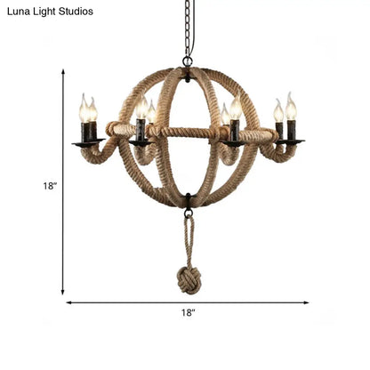 Spherical Chandelier Light Fixture with Rustic Black Finish - Antique Metal Multi-Light Farmhouse Hanging Lamp + Rope/Chain