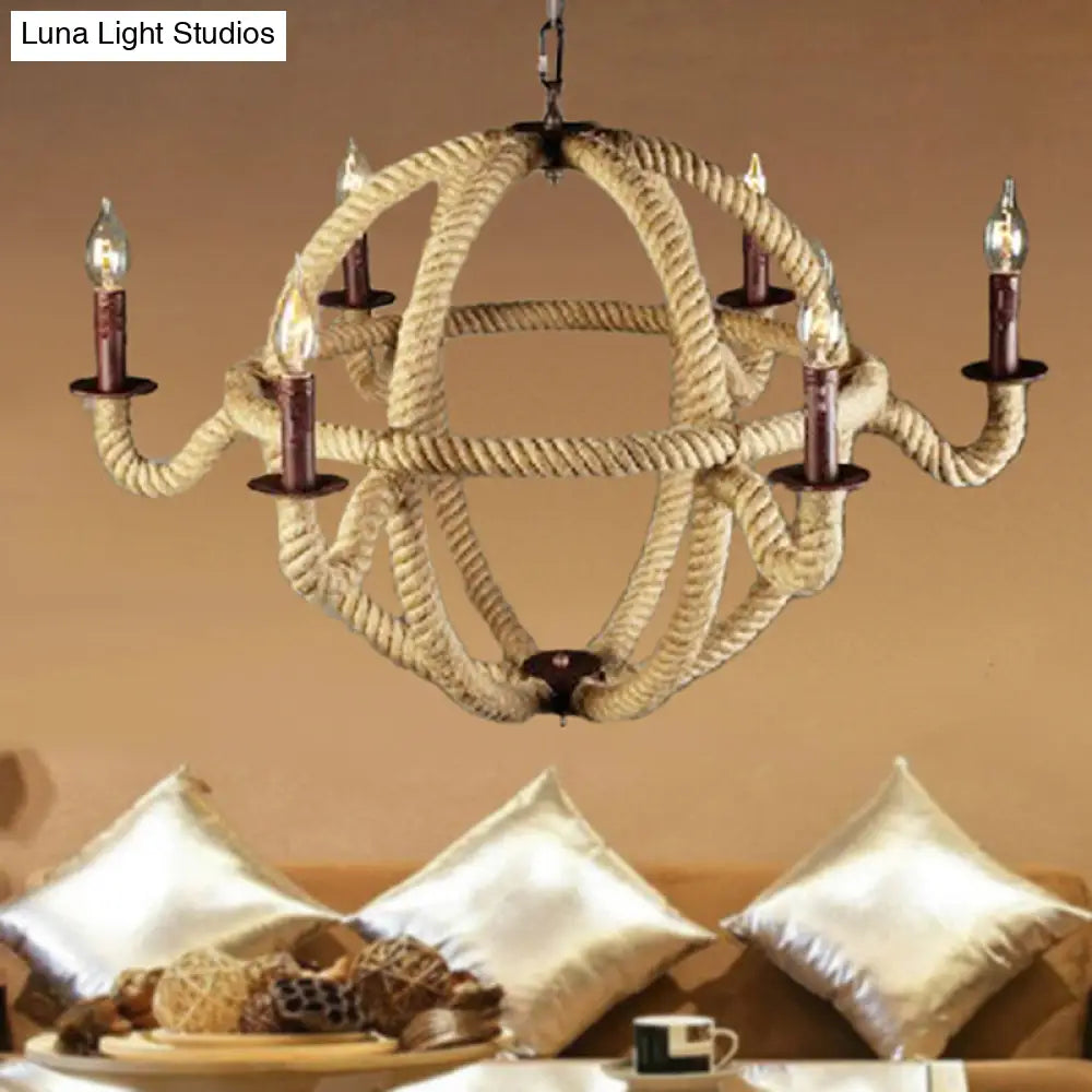 Spherical Chandelier Light Fixture with Rustic Black Finish - Antique Metal Multi-Light Farmhouse Hanging Lamp + Rope/Chain