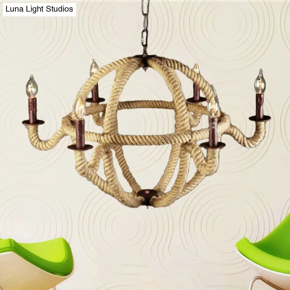 Spherical Chandelier Light Fixture with Rustic Black Finish - Antique Metal Multi-Light Farmhouse Hanging Lamp + Rope/Chain