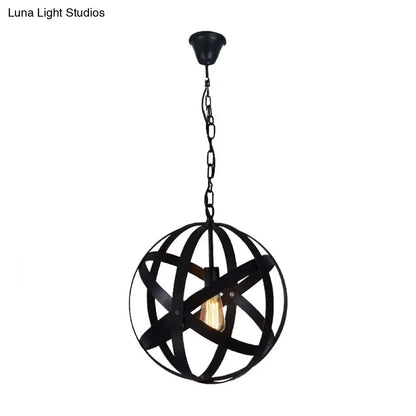 Spherical Industrial Black Metallic Pendant Lamp with Wire Guard - 1 Light Hanging Ceiling Light for Living Room