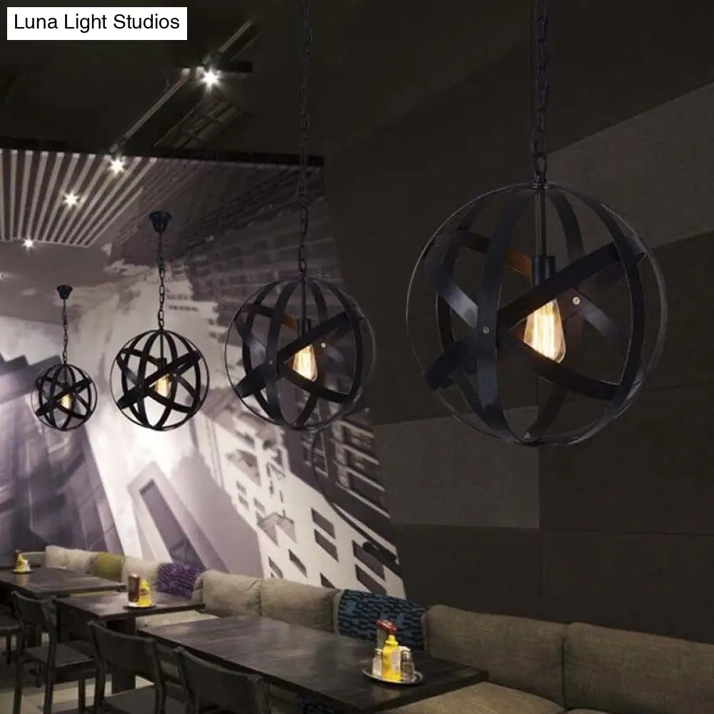 Spherical Industrial Black Metallic Pendant Lamp with Wire Guard - 1 Light Hanging Ceiling Light for Living Room