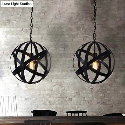 Spherical Industrial Black Metallic Pendant Lamp with Wire Guard - 1 Light Hanging Ceiling Light for Living Room