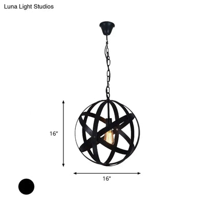 Spherical Industrial Black Metallic Pendant Lamp with Wire Guard - 1 Light Hanging Ceiling Light for Living Room