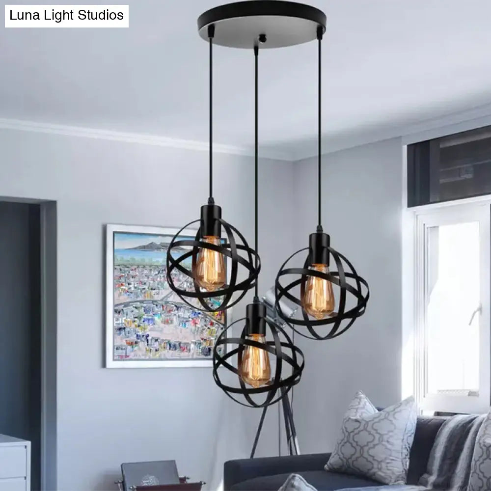 Spherical Pendant Light Fixture: Industrial Black Metal with Wire Guard - Perfect for Dining Room Lighting