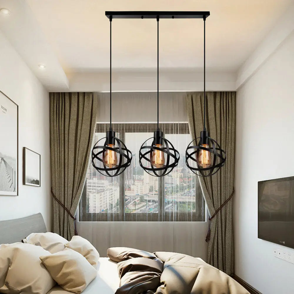 Spherical Pendant Light Fixture: Industrial Black Metal with Wire Guard - Perfect for Dining Room Lighting