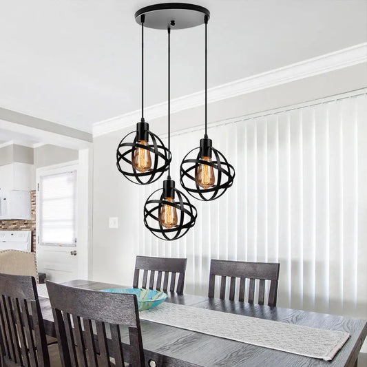 Spherical Pendant Light Fixture: Industrial Black Metal with Wire Guard - Perfect for Dining Room Lighting