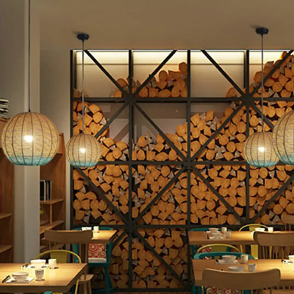 Spherical Rattan Pendant Lamp: Asian Inspired Restaurant Ceiling Light with Wood and Blue Accents