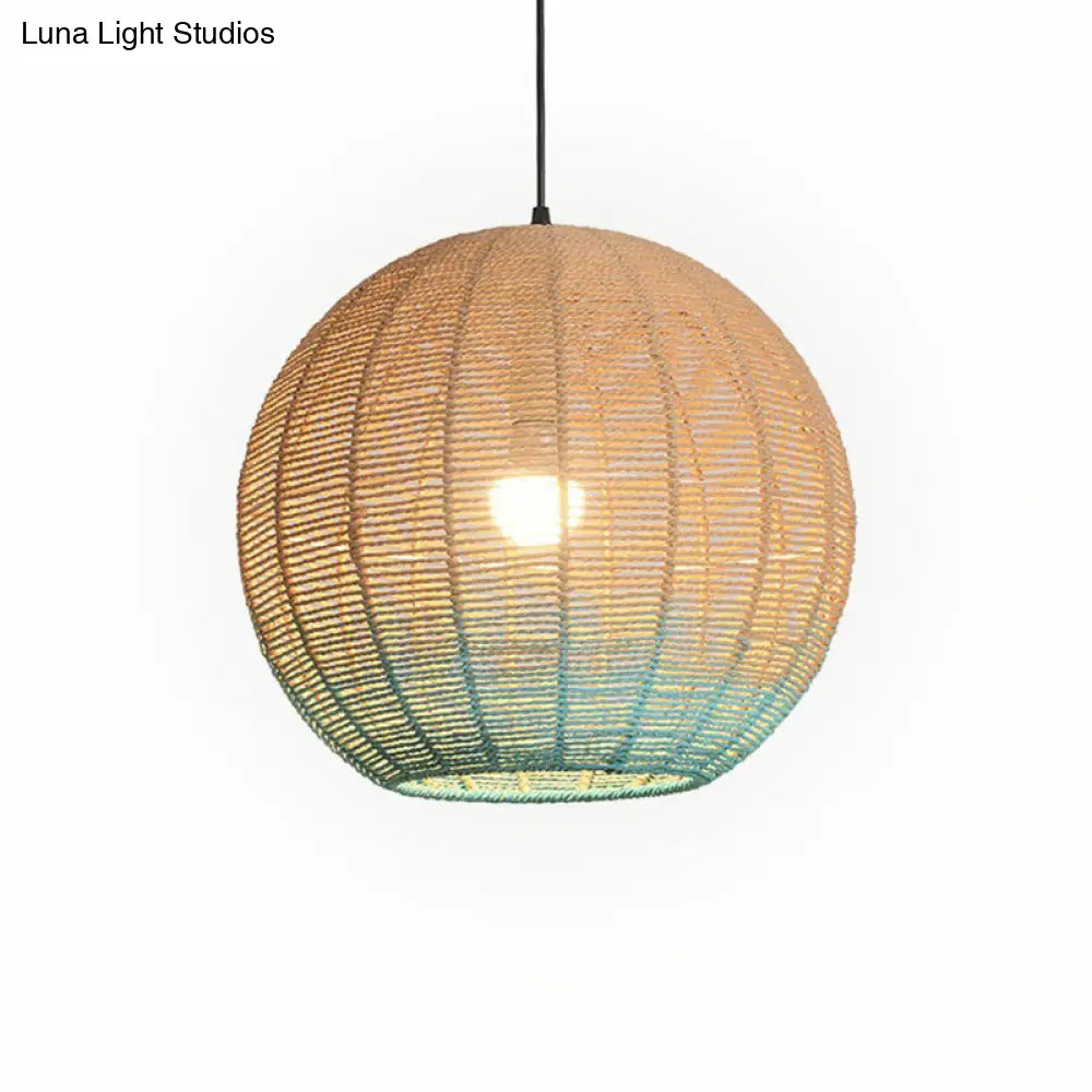 Spherical Rattan Pendant Lamp: Asian Inspired Restaurant Ceiling Light with Wood and Blue Accents