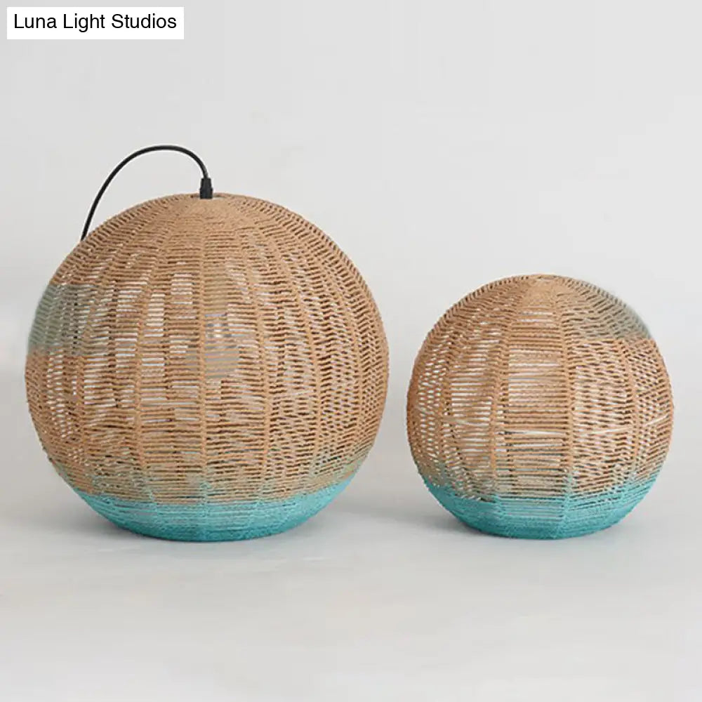 Spherical Rattan Pendant Lamp: Asian Inspired Restaurant Ceiling Light with Wood and Blue Accents