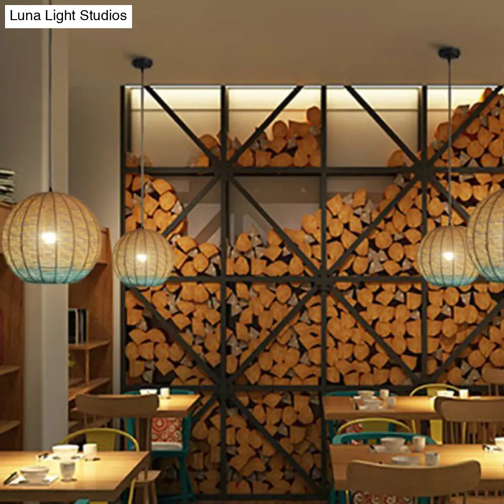 Spherical Rattan Pendant Lamp: Asian Inspired Restaurant Ceiling Light with Wood and Blue Accents