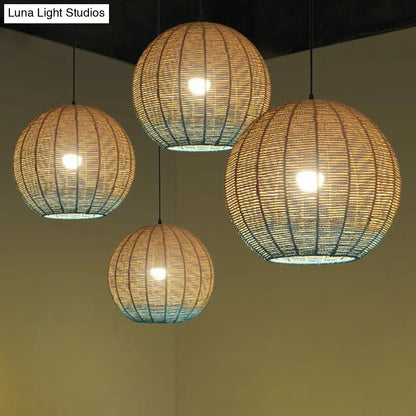 Spherical Rattan Pendant Lamp: Asian Inspired Restaurant Ceiling Light with Wood and Blue Accents