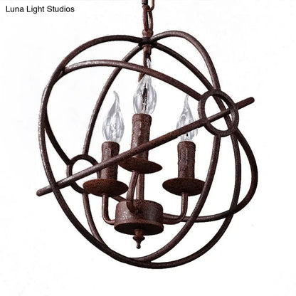 Spherical Wrought Iron Hanging Light: Antique Style Indoor Chandelier Lamp in Black/Rust with 3/6/7 Lights