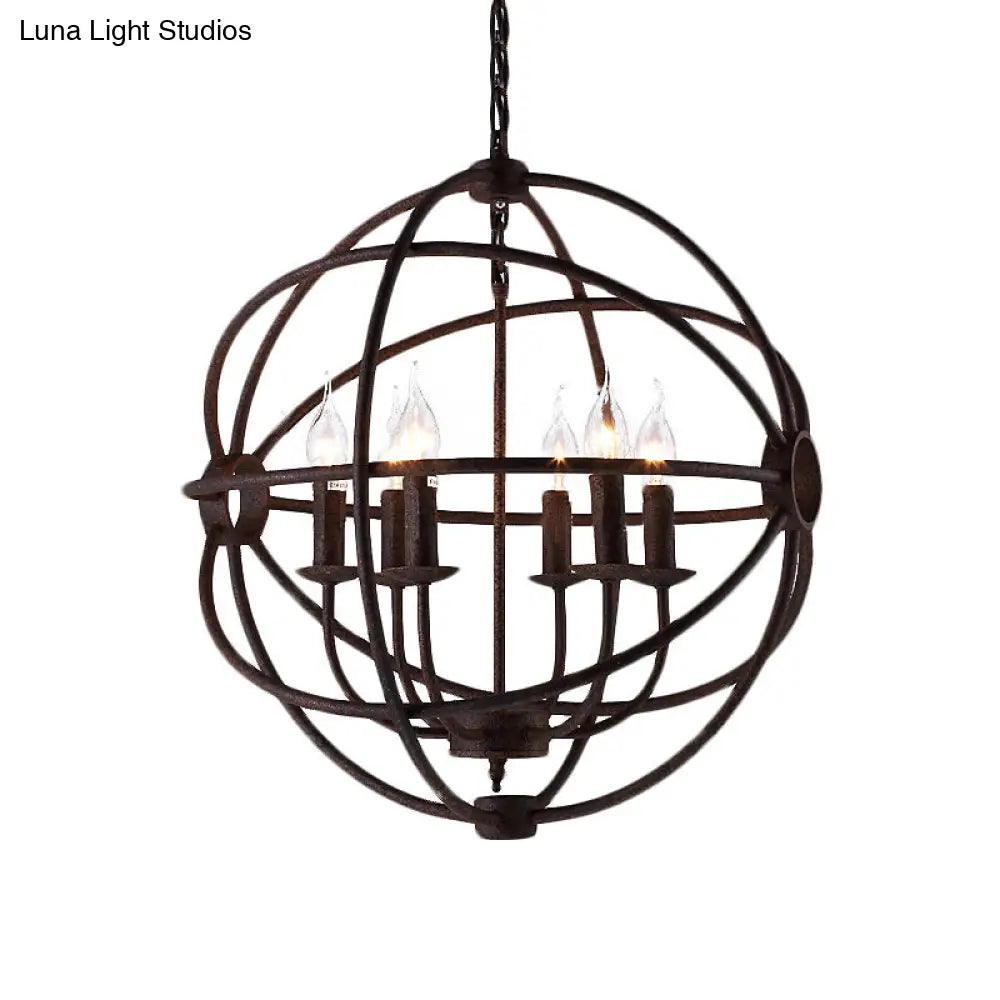 Spherical Wrought Iron Hanging Light: Antique Style Indoor Chandelier Lamp in Black/Rust with 3/6/7 Lights
