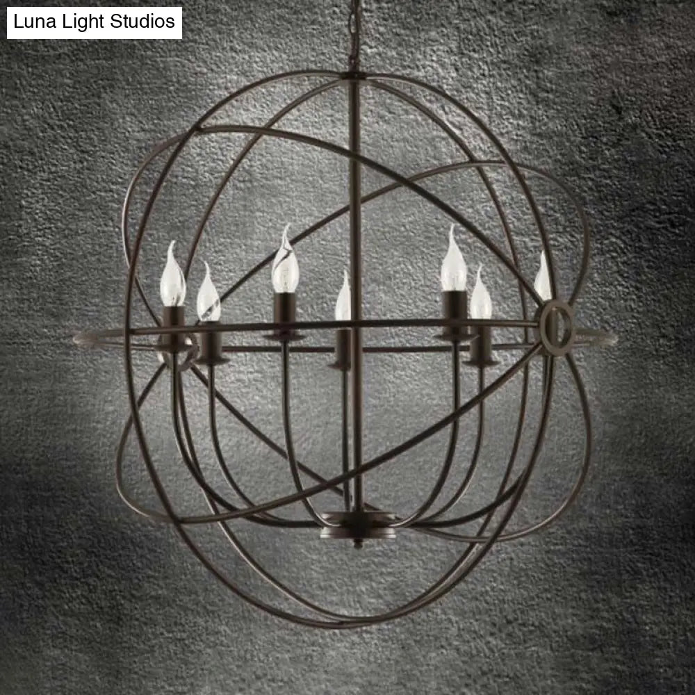 Spherical Wrought Iron Hanging Light: Antique Style Indoor Chandelier Lamp in Black/Rust with 3/6/7 Lights