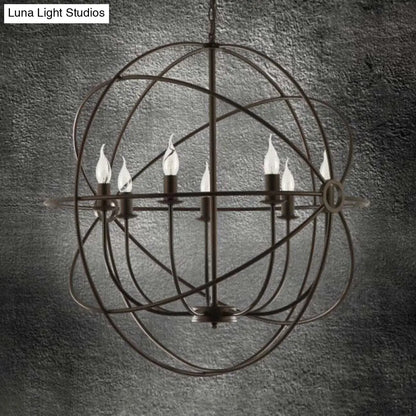 Spherical Wrought Iron Hanging Light: Antique Style Indoor Chandelier Lamp in Black/Rust with 3/6/7 Lights