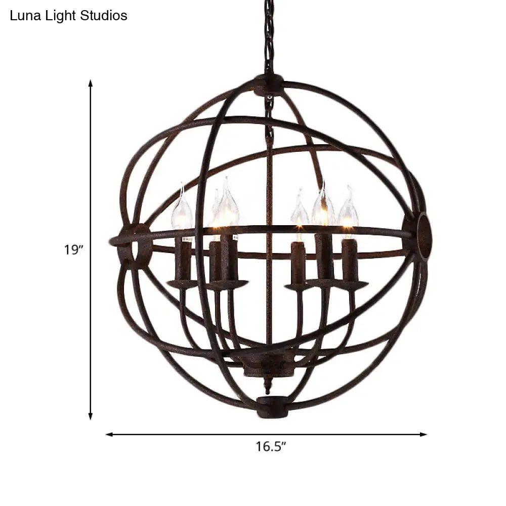 Spherical Wrought Iron Hanging Light: Antique Style Indoor Chandelier Lamp in Black/Rust with 3/6/7 Lights