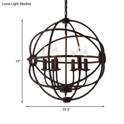 Spherical Wrought Iron Hanging Light: Antique Style Indoor Chandelier Lamp in Black/Rust with 3/6/7 Lights