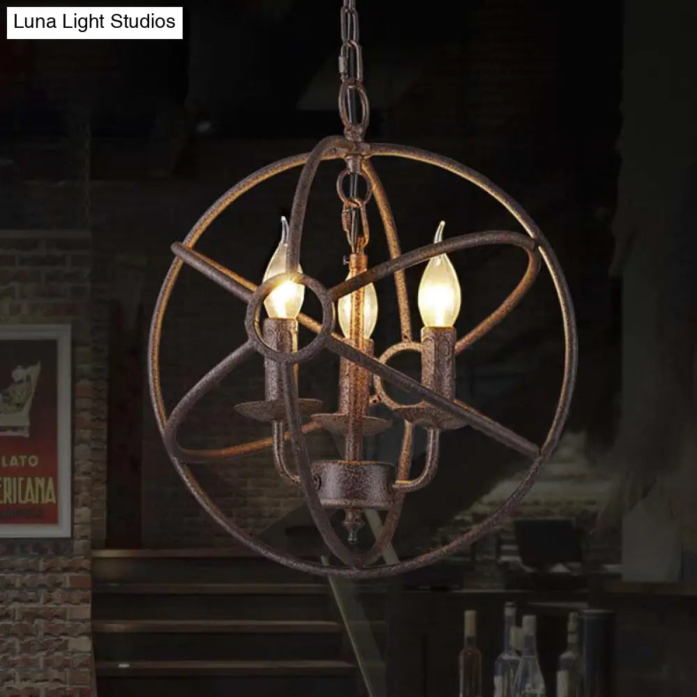 Spherical Wrought Iron Hanging Light: Antique Style Indoor Chandelier Lamp in Black/Rust with 3/6/7 Lights