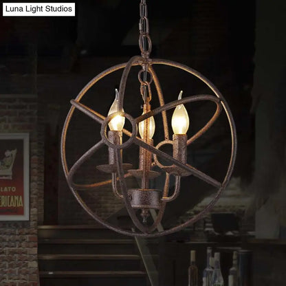 Spherical Wrought Iron Hanging Light: Antique Style Indoor Chandelier Lamp in Black/Rust with 3/6/7 Lights