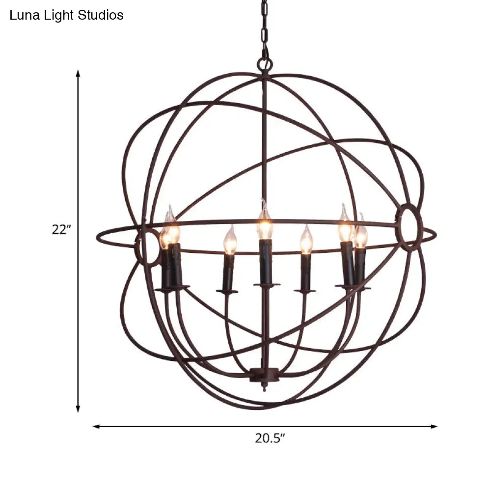 Spherical Wrought Iron Hanging Light: Antique Style Indoor Chandelier Lamp in Black/Rust with 3/6/7 Lights