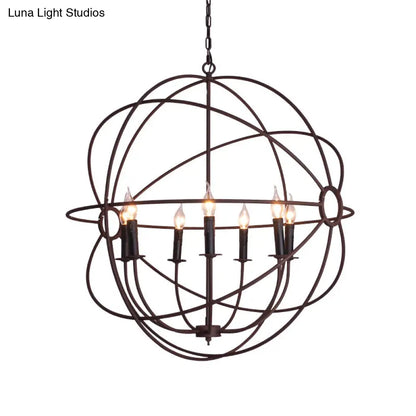 Spherical Wrought Iron Hanging Light: Antique Style Indoor Chandelier Lamp in Black/Rust with 3/6/7 Lights