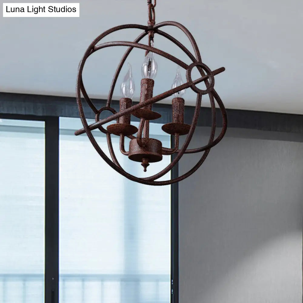 Spherical Wrought Iron Hanging Light: Antique Style Indoor Chandelier Lamp in Black/Rust with 3/6/7 Lights
