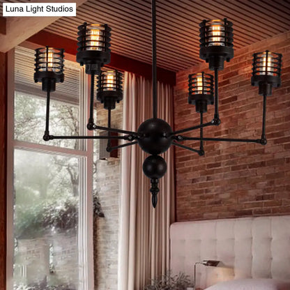 Spider Iron Pendant Light: Adjustable Antique 6-Light Chandelier with Cage Shade in Black - Perfect for Living Room
