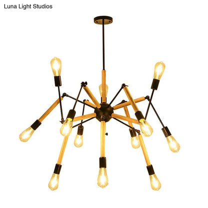 Spider Suspension Restaurant Chandelier - 12-Bulb Wood and Black Loft Style