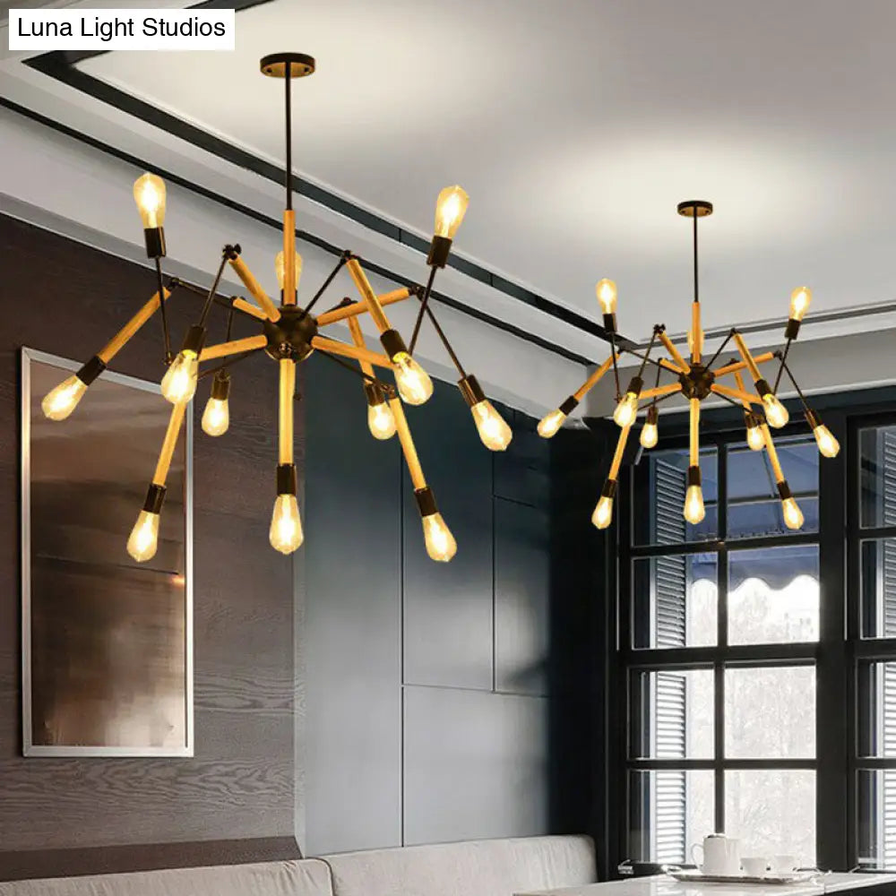 Spider Suspension Restaurant Chandelier - 12-Bulb Wood and Black Loft Style