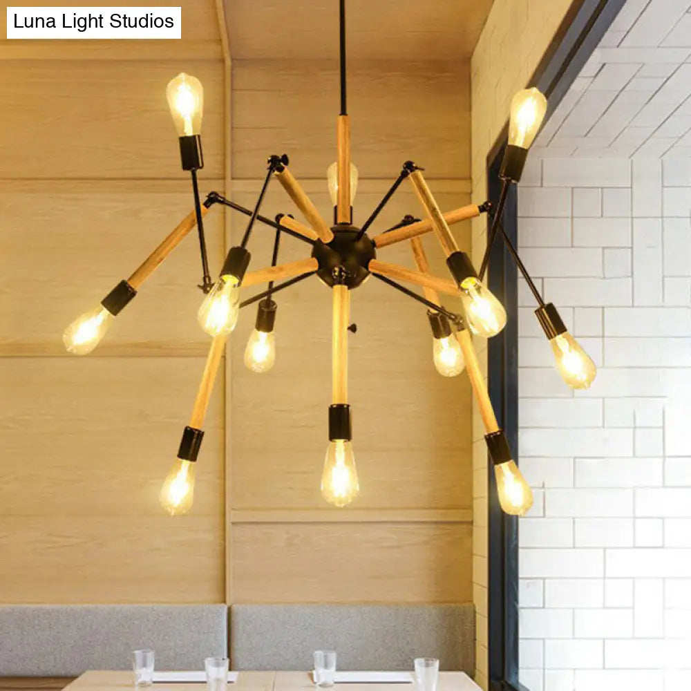 Spider Suspension Restaurant Chandelier - 12-Bulb Wood and Black Loft Style