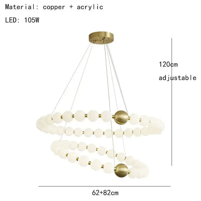 Modern spiral brass led chandelier with frosted acrylic spheres and adjustable height by decorbites brass led design