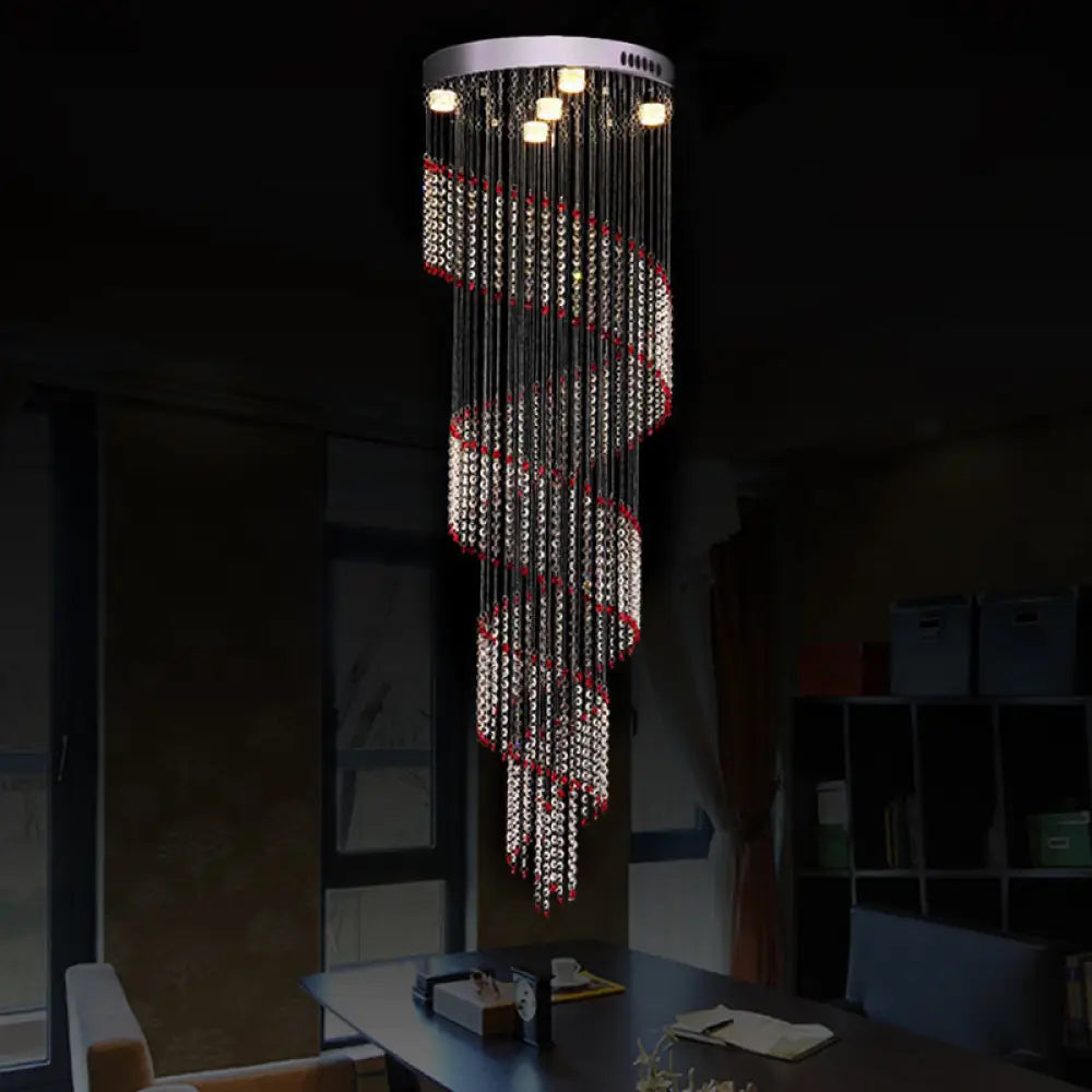 Spiral Cascade Hanging Lamp - Modern Silver with Clear and Red Crystal LED Pendant, Set of 5 Bulbs