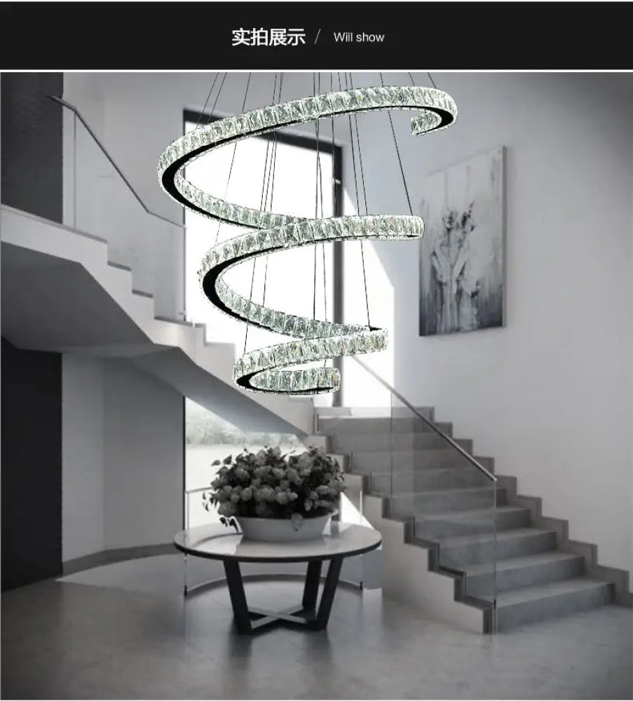 Spiral Crystal Chandelier Pendant Light with Stainless Steel LED Suspension