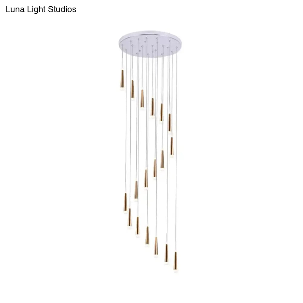 Spiral Design Gold Cone Pendant Light Fixture with 19 Minimalist Acrylic Bulbs - Stair Multi Lamp