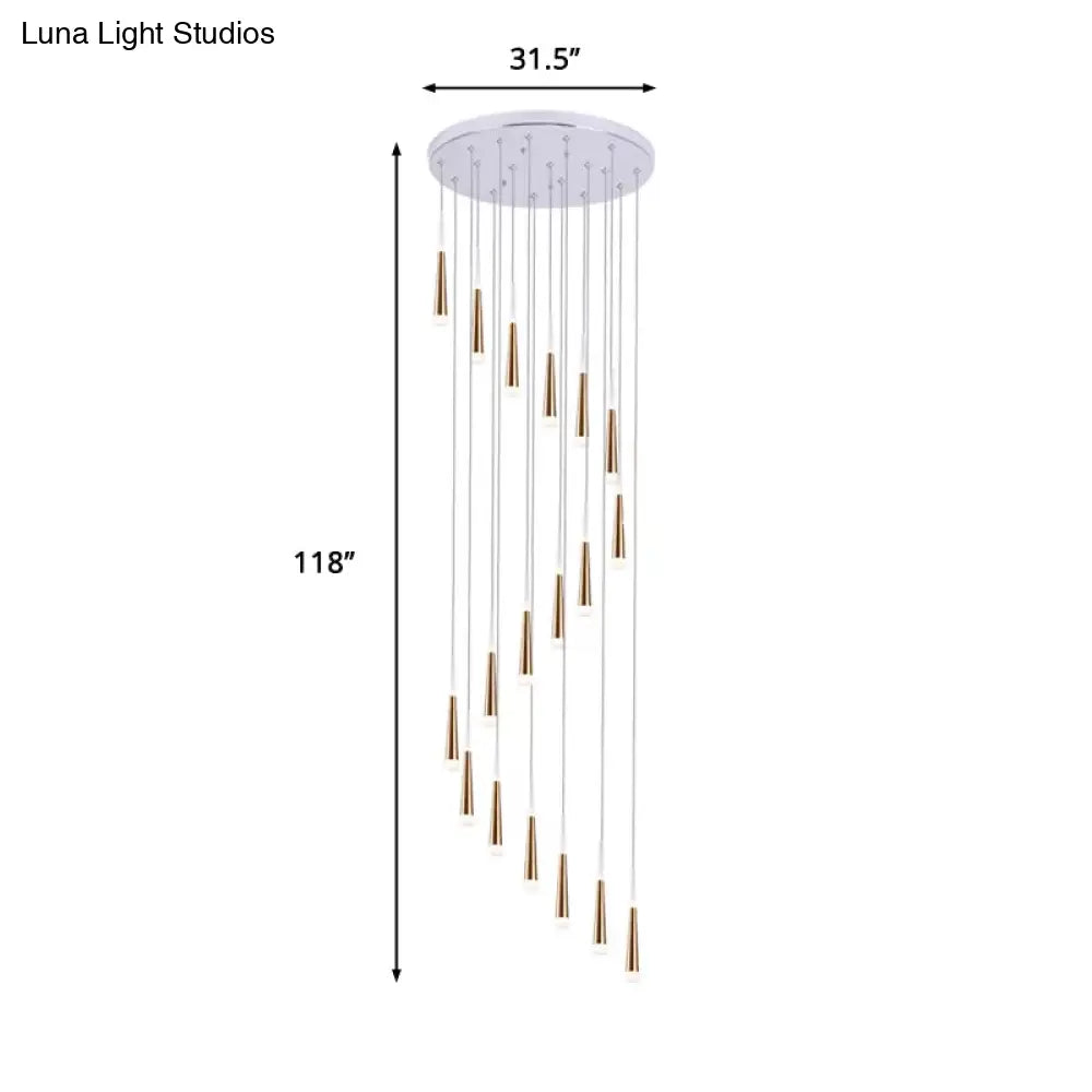 Spiral Design Gold Cone Pendant Light Fixture with 19 Minimalist Acrylic Bulbs - Stair Multi Lamp