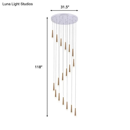 Spiral Design Gold Cone Pendant Light Fixture with 19 Minimalist Acrylic Bulbs - Stair Multi Lamp