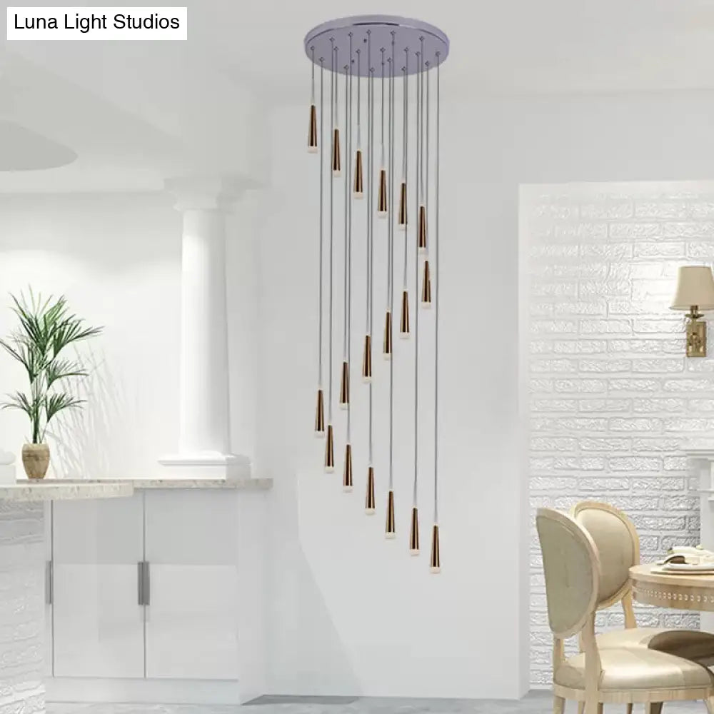 Spiral Design Gold Cone Pendant Light Fixture with 19 Minimalist Acrylic Bulbs - Stair Multi Lamp