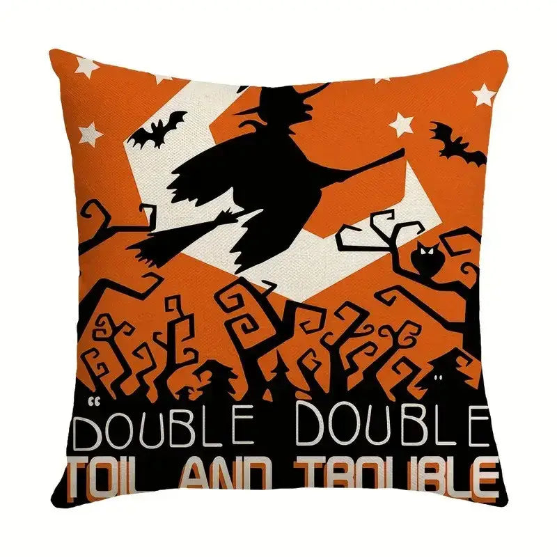 Orange halloween pumpkin linen cushion featuring a black witch silhouette bats and spooky trees for living room sofa