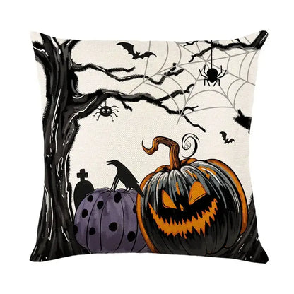Spooky halloween pumpkin linen square cushion cover with black and orange jack o lantern and haunted tree design