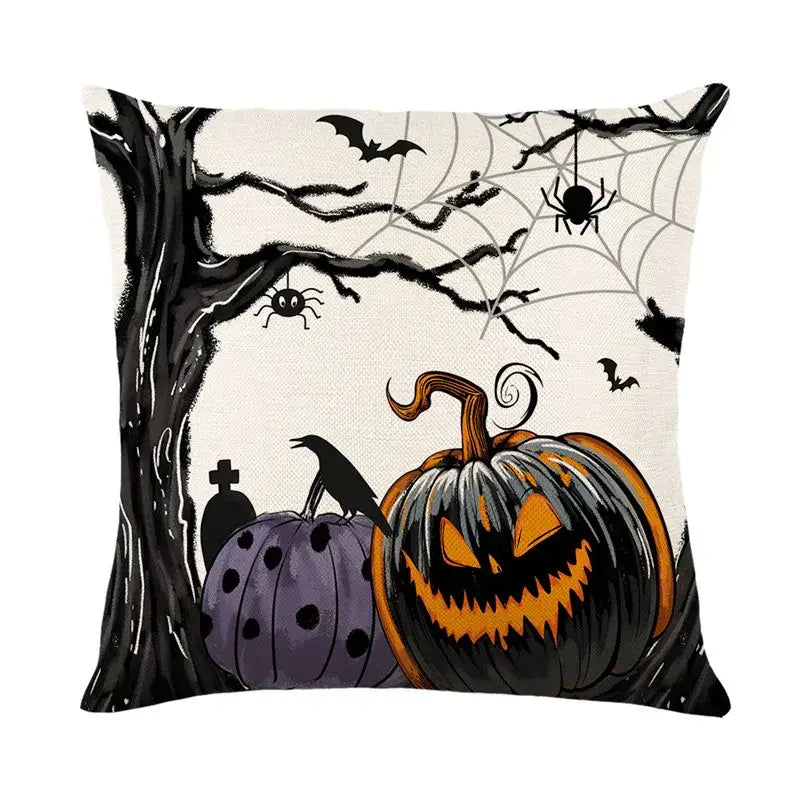 Spooky halloween pumpkin linen square cushion cover with black and orange jack o lantern and haunted tree design