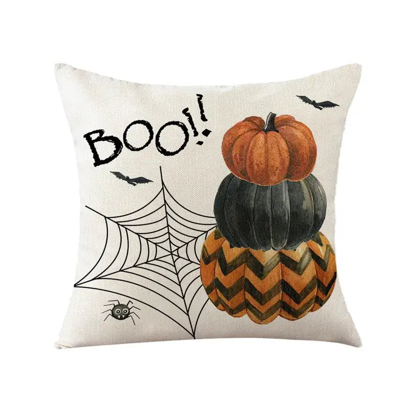 Cream-colored halloween pumpkin linen cushion with stacked pumpkins bats and boo text for living room sofa decor
