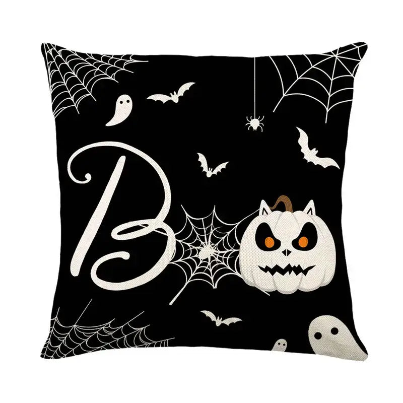 Black halloween pumpkin linen cushion cover featuring spiderwebs bats ghosts and a carved pumpkin for sofa decor