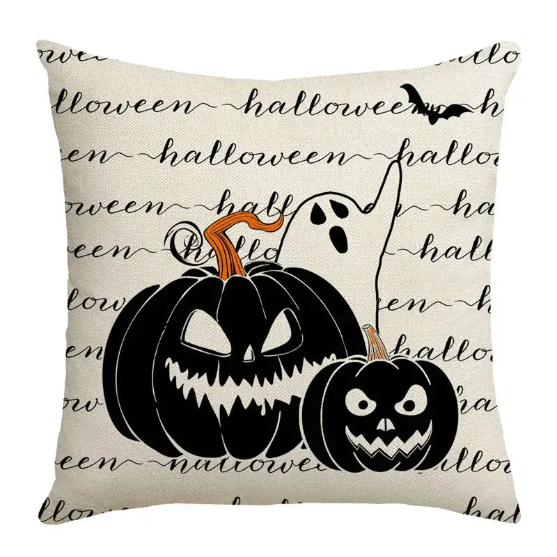 Beige halloween pumpkin linen cushion cover featuring black jacks, ghost, and repeating halloween script on textured fabric