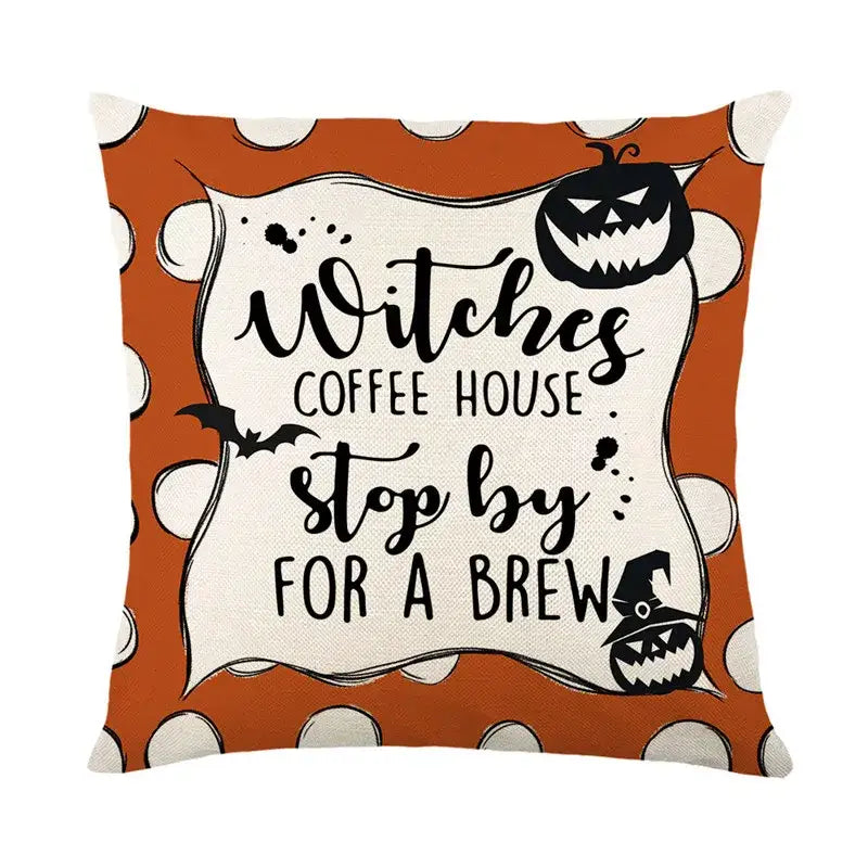 Orange and white polka dot halloween pumpkin linen cushion cover with black spooky design for living room sofa