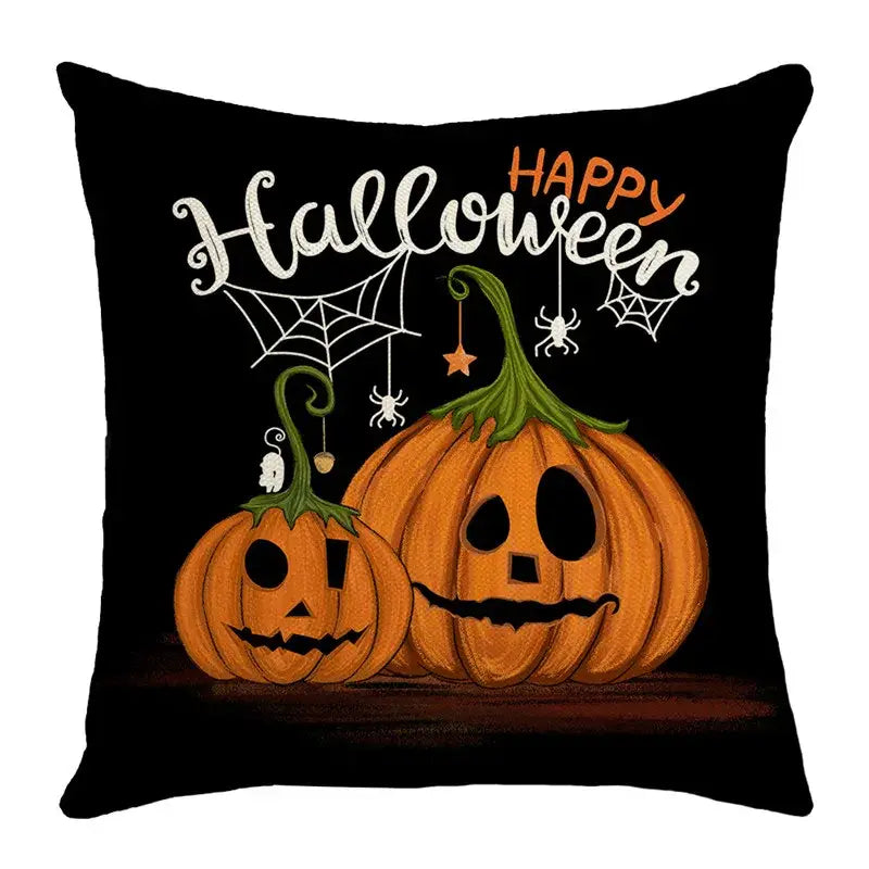 Black halloween pumpkin linen cushion cover featuring orange pumpkins green stems spiderwebs for living room sofa