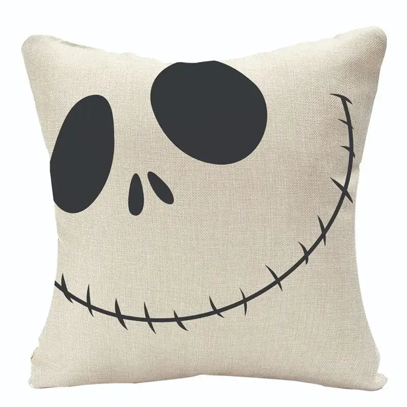 Beige halloween pumpkin linen cushion cover featuring black stitched jack skellington smiley face for living room sofa