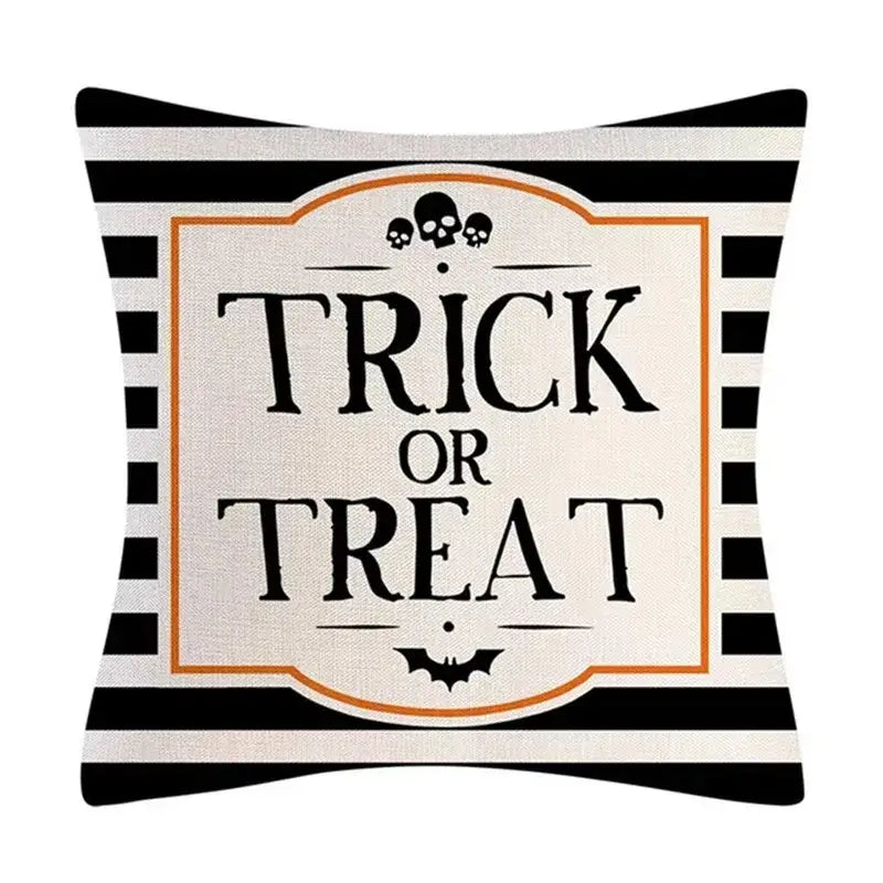 Black and white striped halloween pumpkin linen cushion cover with trick or treat label for living room sofa