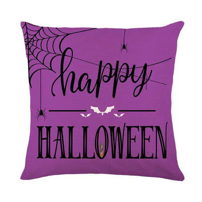 Purple halloween pumpkin linen cushion with happy halloween text and spiderweb design for sofa living room decor